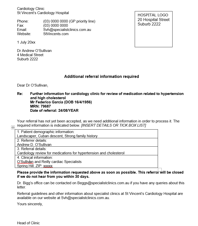 Additional Information Required by Cardiology Clinic